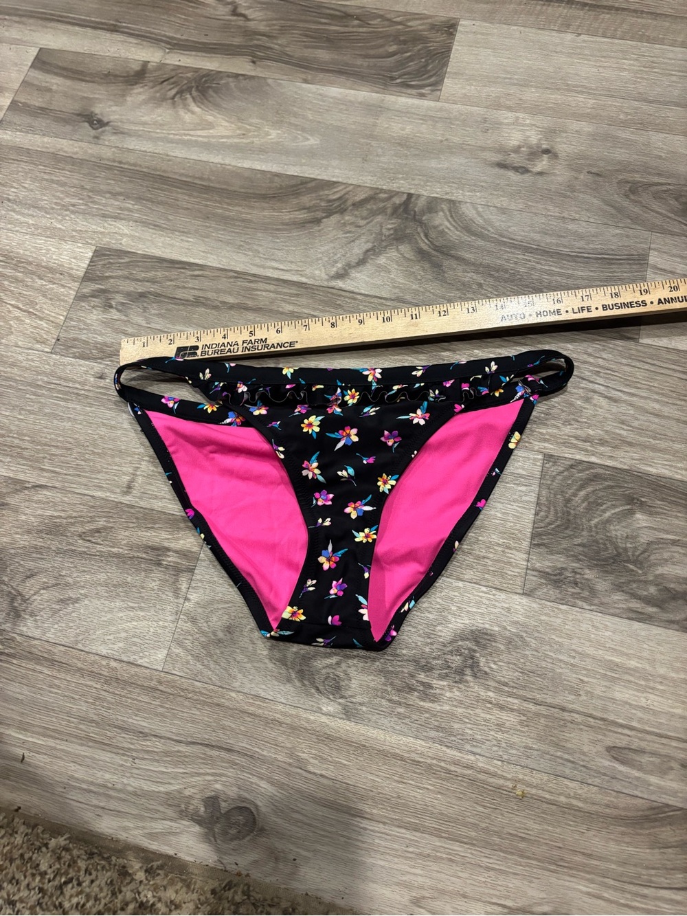 SO Women's Black Floral Swim Bikini Bottoms with Pink Lining